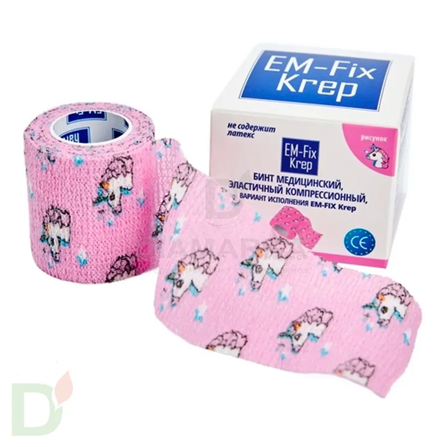 Бинт самофиксирующийся EM-Fix krep Розовый с единорогом, 5см*4,5м в Уфе